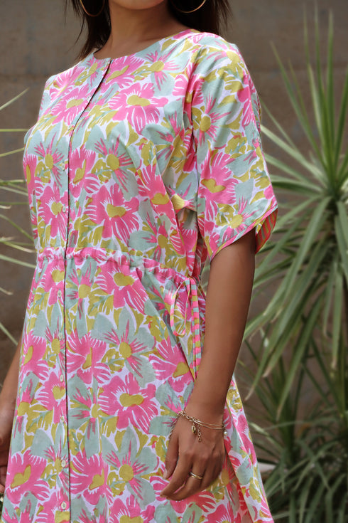 Cambric Cotton Drawstring Midi Dress With Floral Block Print